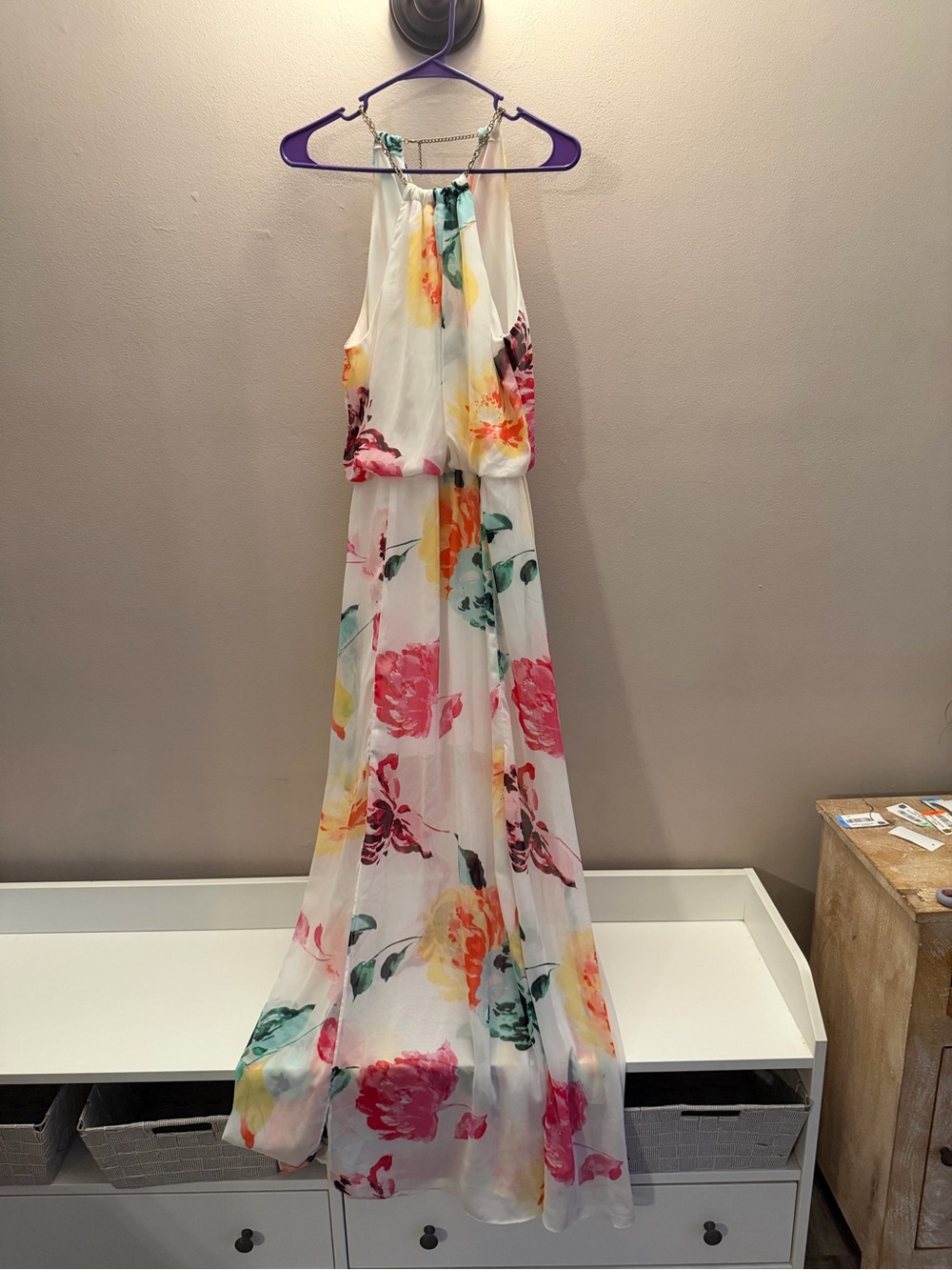 Bisou Bisou Michele Bohbot Floral Chain Halter Maxi Dress‎ White Pink Orange 6